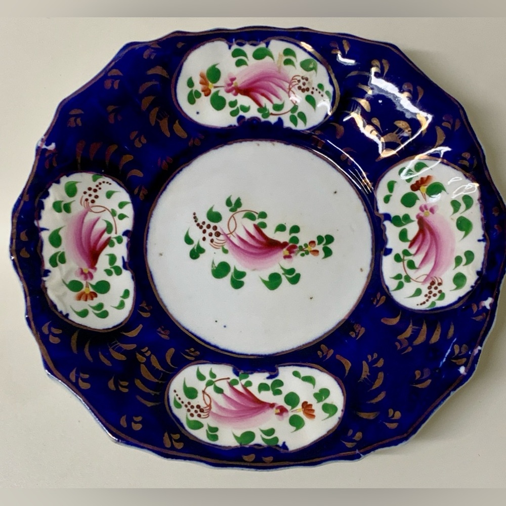 19th Century Vintage Gaudy Welsh Feather Pattern Square Scalloped Plate